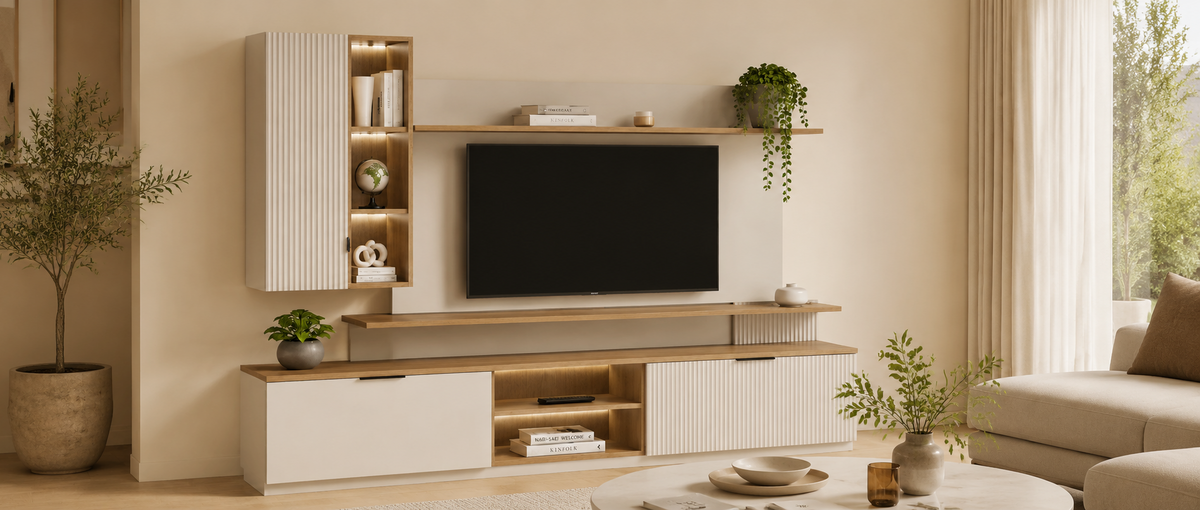 Parete attrezzata TV 240x40x180 cm beige e rovere in pannelli truciolari con pensile e mensole