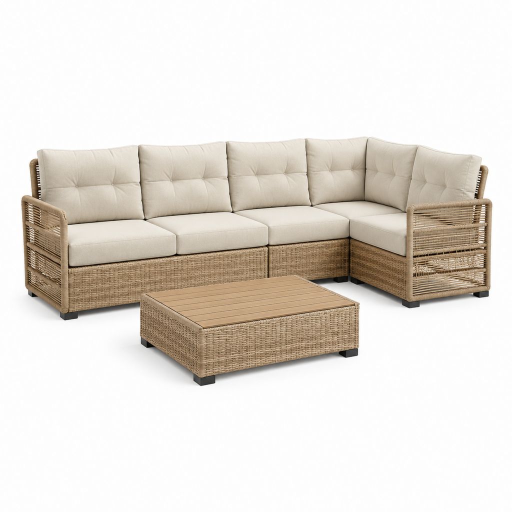 Set divano da giardino angolare 4 posti con tavolino beige in rattan PE 240 x 180 x 80 cm