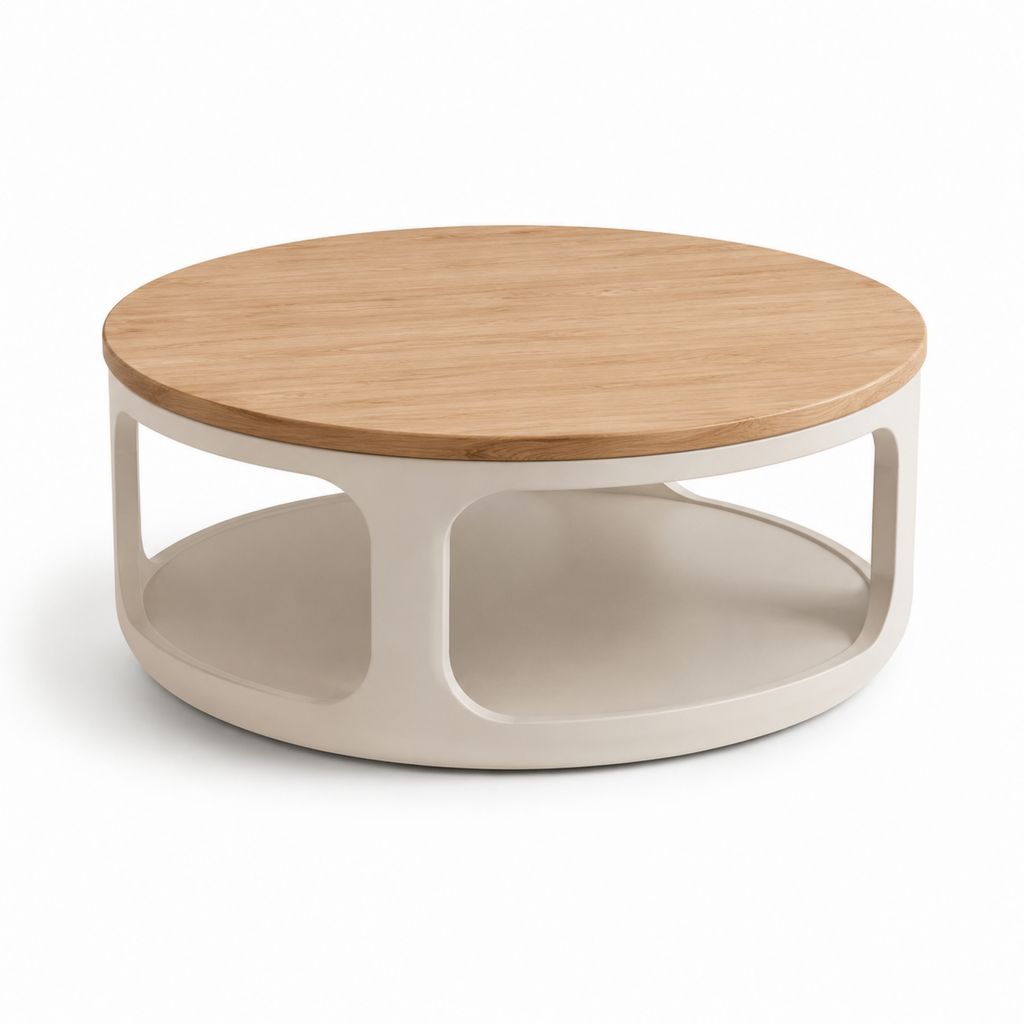 Tavolino da caffè rotondo beige e rovere impiallacciato con vano portaoggetti Ø80 x H40 cm