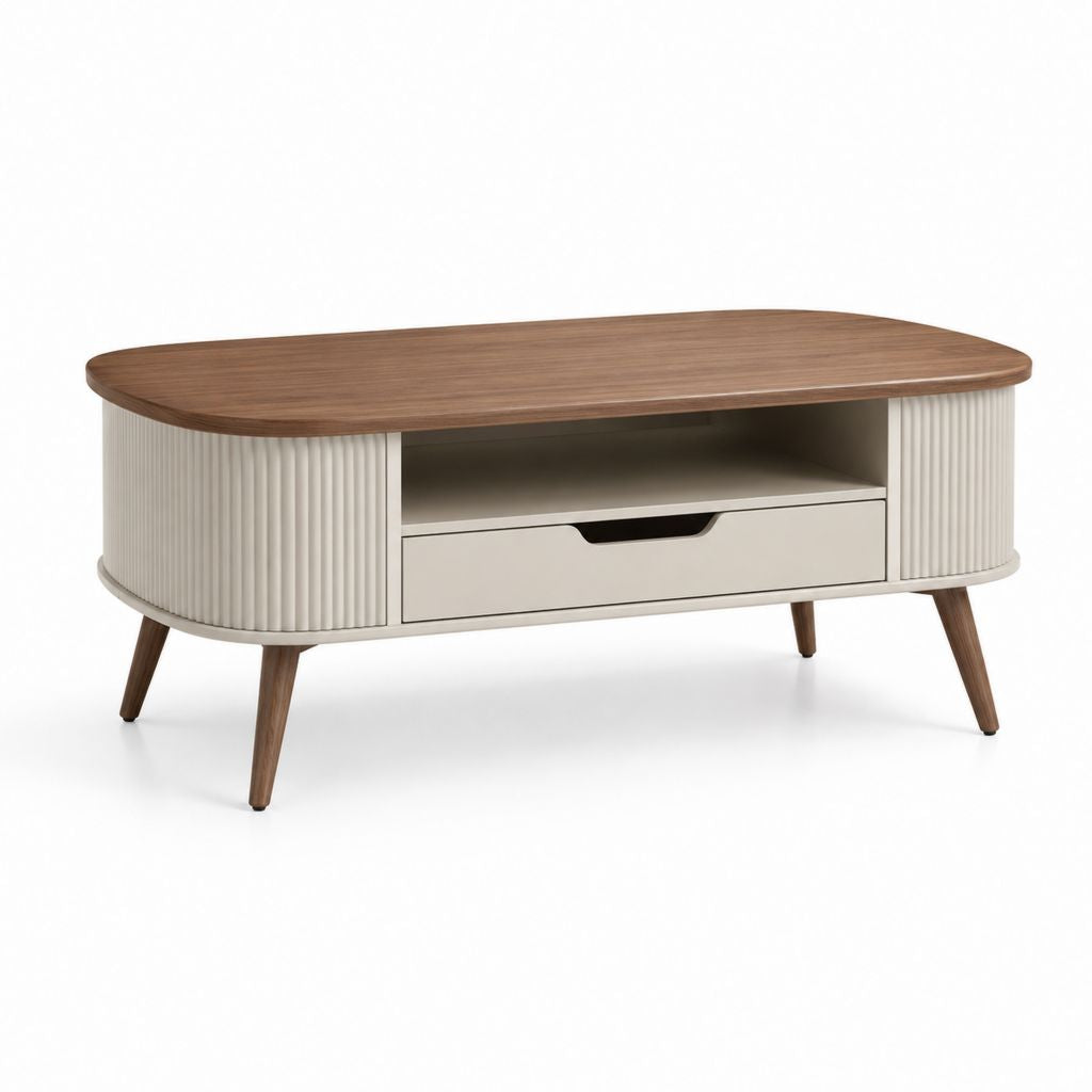 Tavolino da caffè ovale beige e noce in MDF 120 x 60 x 45 cm con cassetto e vano portaoggetti