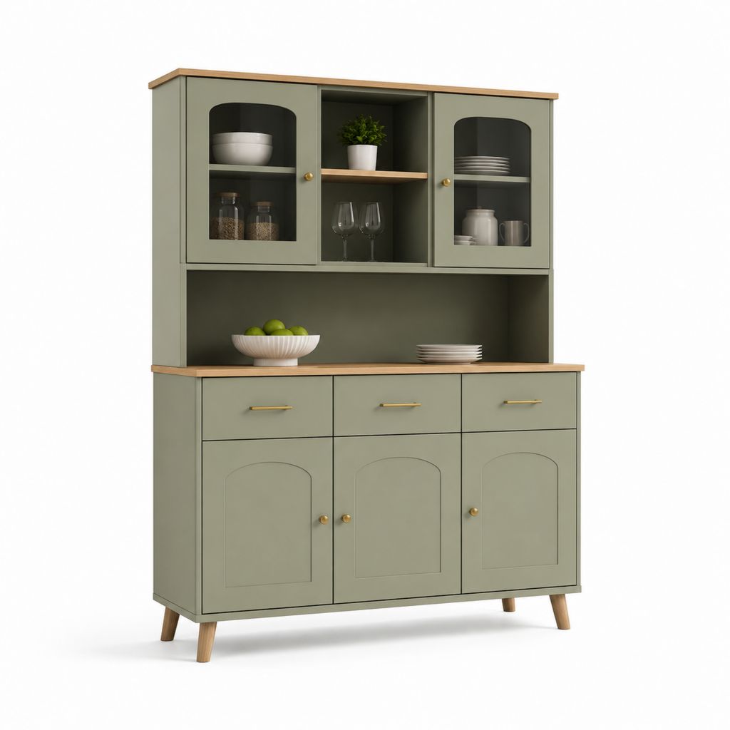 Credenza da cucina alta verde salvia in MDF con ante vetrate e cassetti 120 x 40 x 180 cm