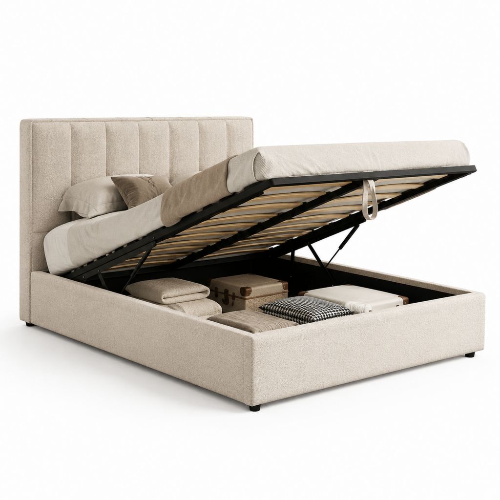 Letto contenitore matrimoniale beige in poliestere con testiera imbottita rettangolare 160 x 200 cm