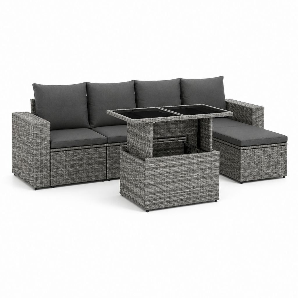 Set divano da giardino angolare grigio in polyrattan con tavolo elevabile 191 × 124 × 60 cm