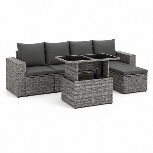 Set divano da giardino angolare grigio in polyrattan con tavolo elevabile 191 × 124 × 60 cm
