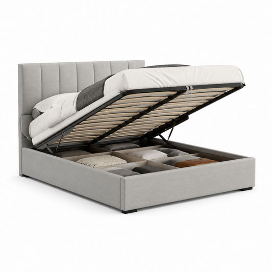 Letto contenitore matrimoniale grigio in poliestere 160 x 200 cm con testiera imbottita e rete a doghe