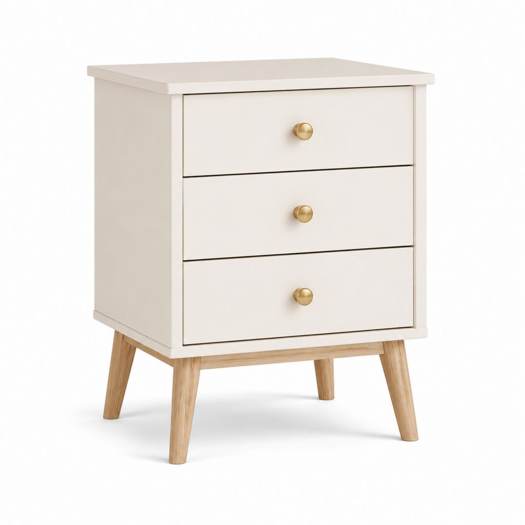 Comodino a 3 cassetti bianco in MDF e legno massello 45 x 35 x 65 cm