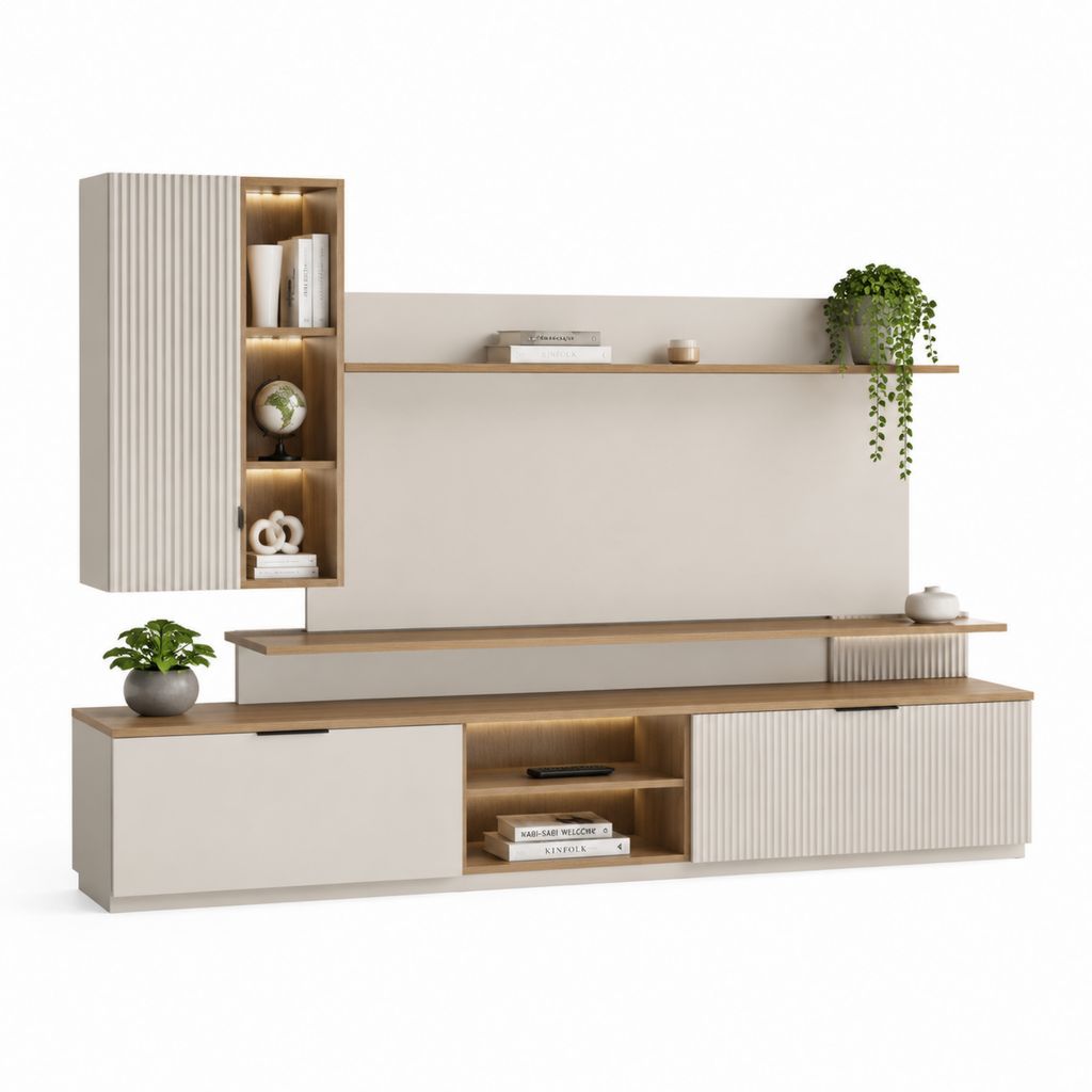 Parete attrezzata TV 240x40x180 cm beige e rovere in pannelli truciolari con pensile e mensole