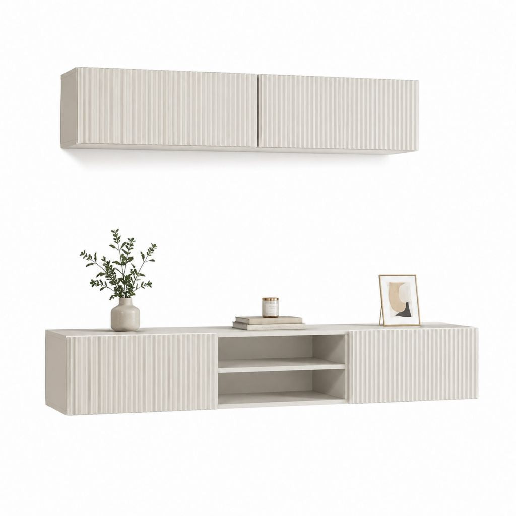 Parete attrezzata TV sospesa bianco avorio in MDF con ante scanalate 200 x 40 x 40 cm