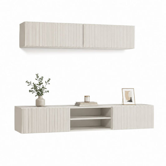 Parete attrezzata TV sospesa bianco avorio in MDF con ante scanalate 200 x 40 x 40 cm