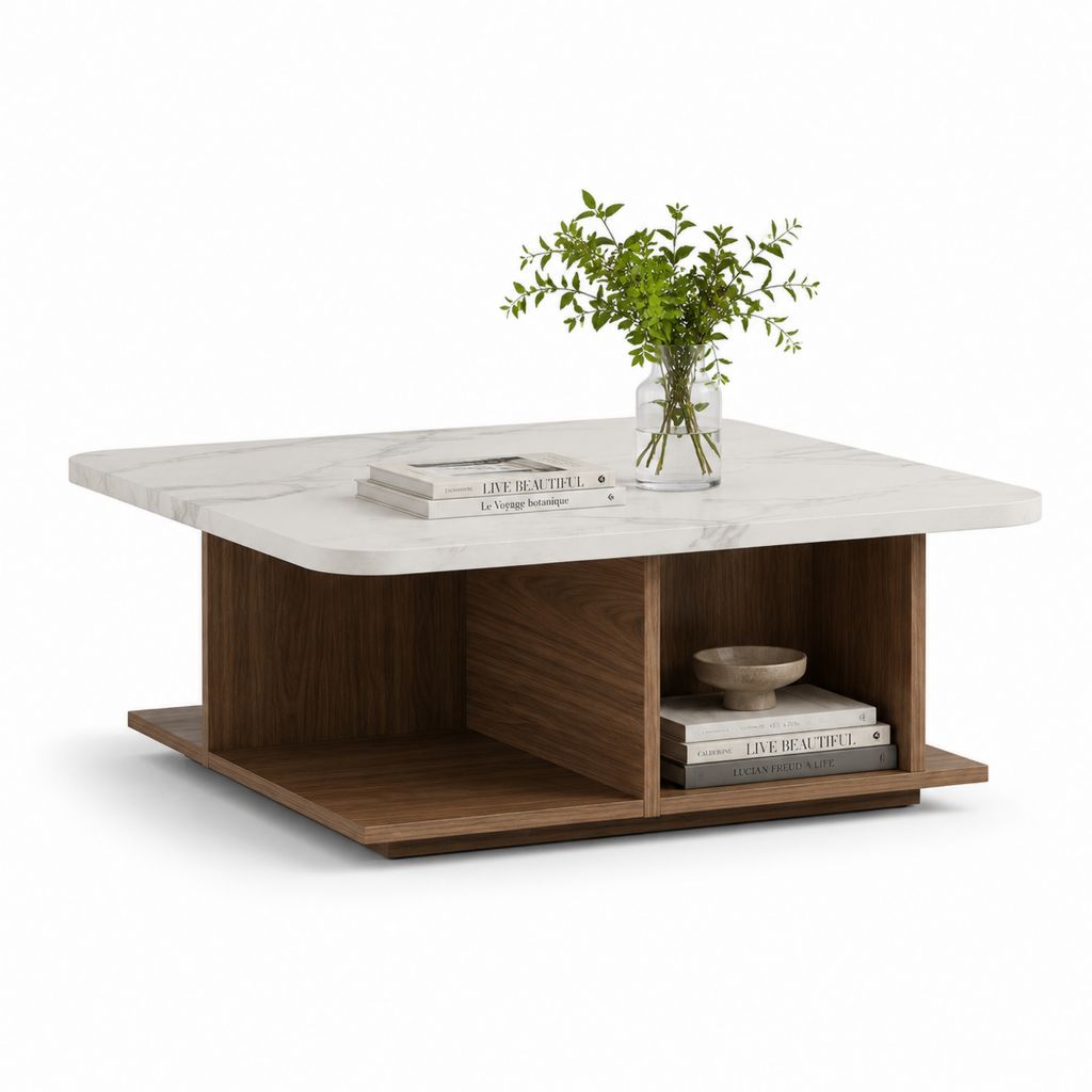 Tavolino da caffè quadrato bianco effetto marmo e noce in MDF 90 x 90 x 40 cm
