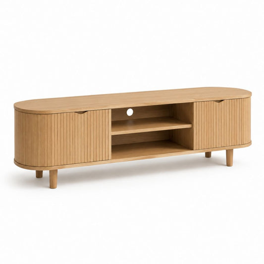 Mobile TV in MDF effetto rovere con ante scorrevoli arrotondato 180 x 40 x 55 cm