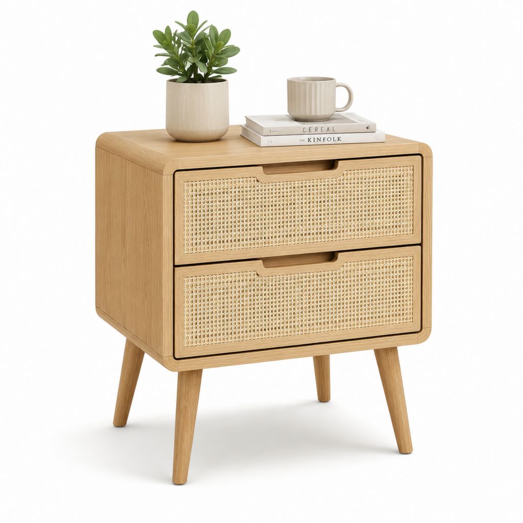 Comodino 2 cassetti rovere naturale MDF e rattan rettangolare 50 x 40 x 60 cm