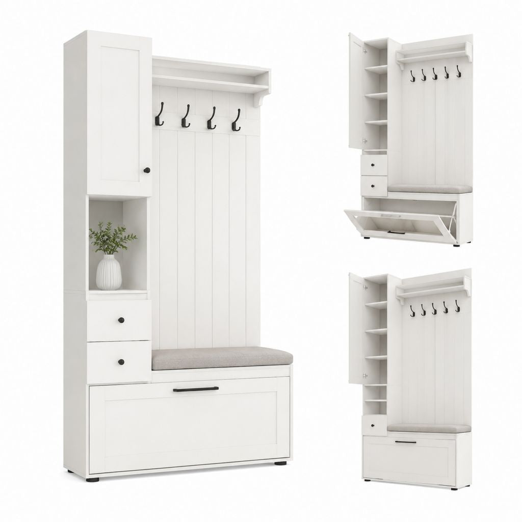 Mobile da ingresso con appendiabiti scarpiera e panca bianco in MDF 100 x 40 x 180 cm