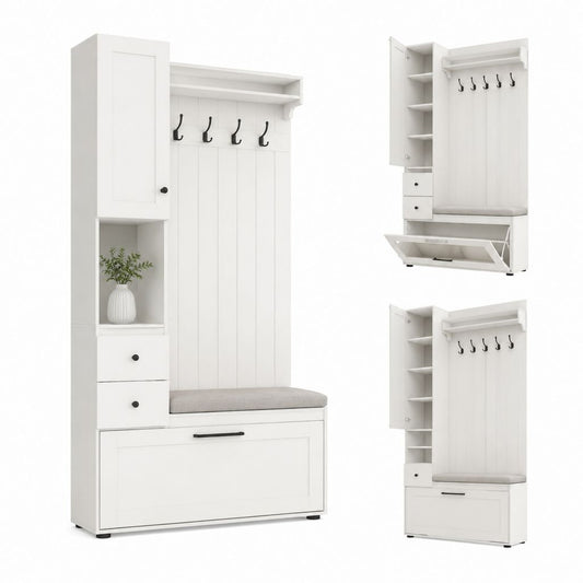 Mobile da ingresso con appendiabiti scarpiera e panca bianco in MDF 100 x 40 x 180 cm