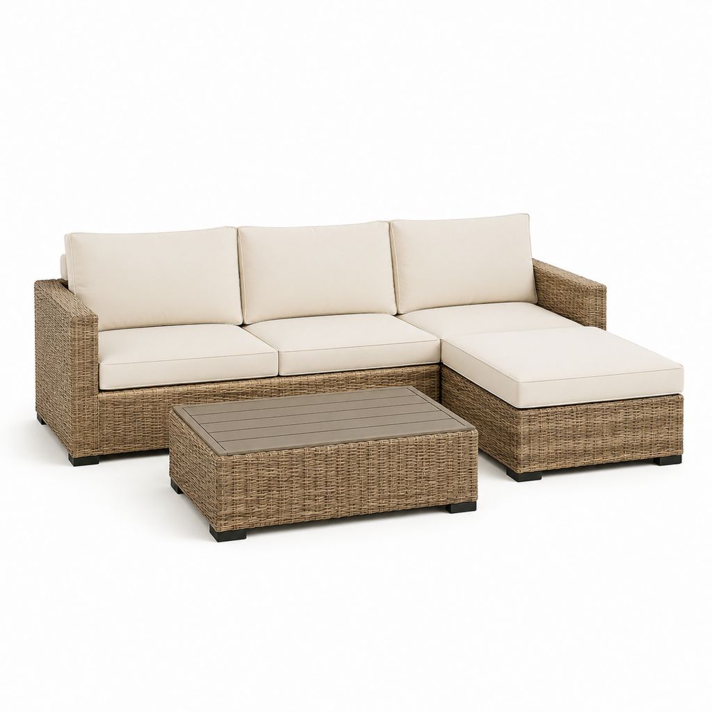Set divano da giardino angolare con chaise longue e tavolino beige in rattan PE 230 x 150 cm