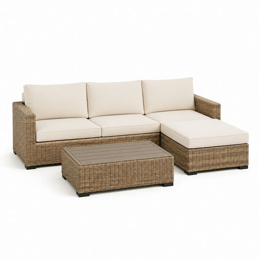 Set divano da giardino angolare con chaise longue e tavolino beige in rattan PE 230 x 150 cm