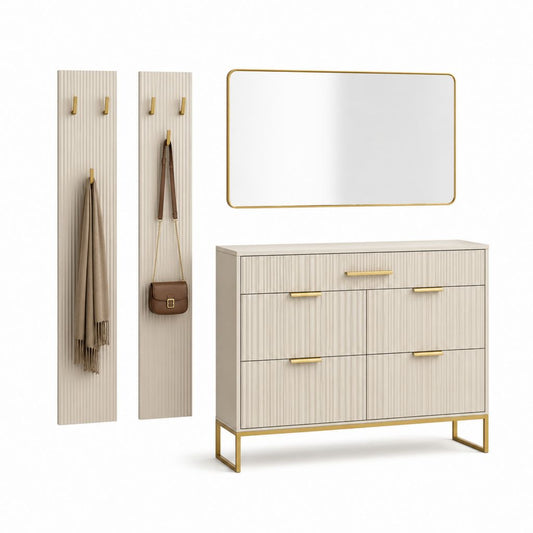 Set mobile da ingresso con specchio e pannelli appendiabiti beige in MDF e acciaio 120 x 40 x 90 cm