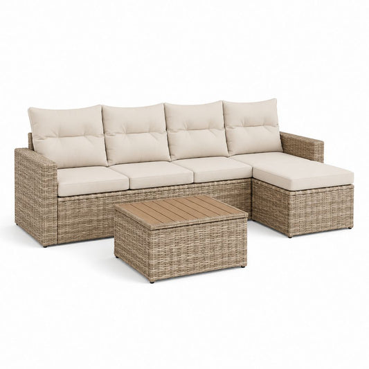Set divano da giardino angolare 3 pezzi beige e marrone in rattan PE con tavolino 210 x 140 x 68 cm