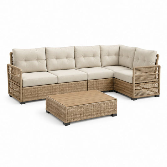 Set divano da giardino angolare 4 posti con tavolino beige in rattan PE 240 x 180 x 80 cm