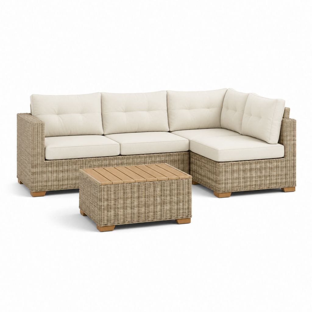 Set divano angolare da giardino 3 posti con tavolino beige in rattan PE 220 x 160 x 85 cm
