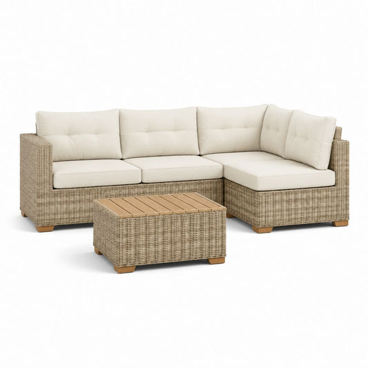 Set divano angolare da giardino 3 posti con tavolino beige in rattan PE 220 x 160 x 85 cm