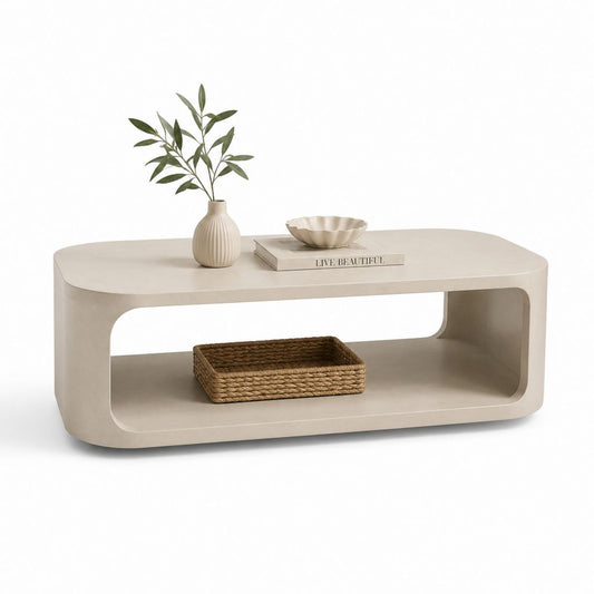 Tavolino da caffè con vano a giorno beige in MDF rettangolare arrotondato 120 x 60 x 45 cm