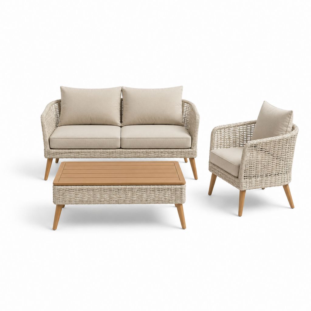 Set salotto da giardino 3 pezzi beige in rattan sintetico PE e legno massello con divano 128 x 70 x 78 cm poltrona 72 x 70 x 78 cm e tavolino rettangolare 100 x 60 x 42 cm