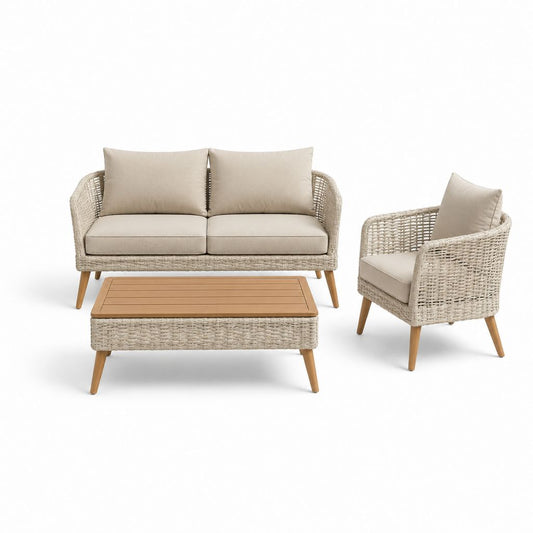 Set salotto da giardino 3 pezzi beige in rattan sintetico PE e legno massello con divano 128 x 70 x 78 cm poltrona 72 x 70 x 78 cm e tavolino rettangolare 100 x 60 x 42 cm