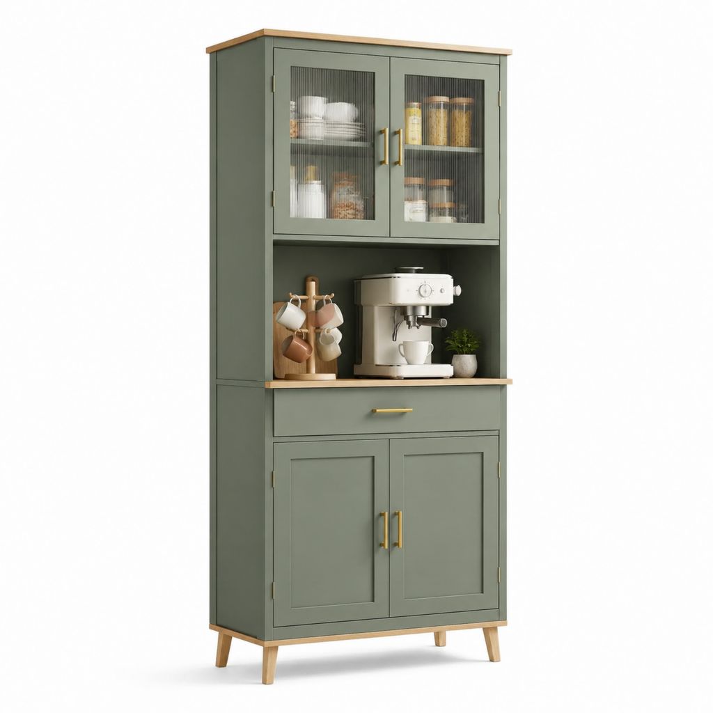 Credenza da cucina verde salvia in MDF e vetro rigato 90 x 40 x 180 cm