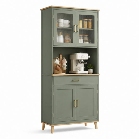 Credenza da cucina verde salvia in MDF e vetro rigato 90 x 40 x 180 cm