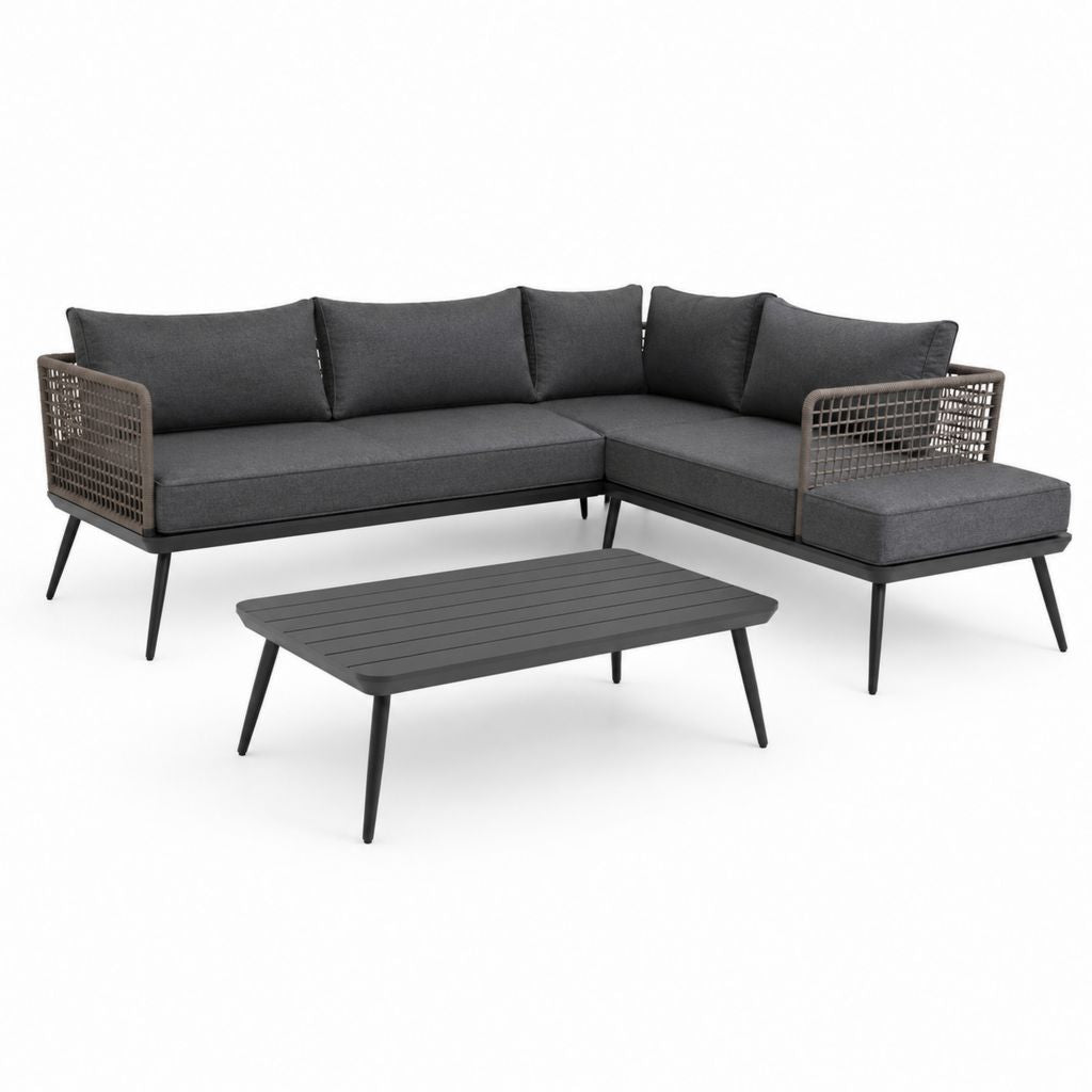 Set divano da giardino angolare con chaise longue e tavolino antracite in alluminio e rattan PE 240 x 160 x 75 cm