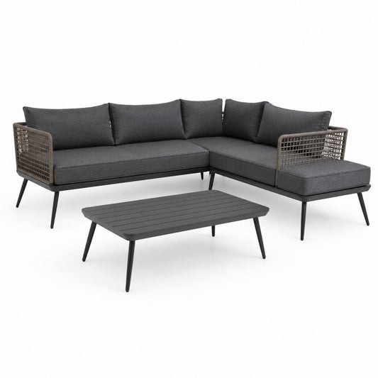 Set divano da giardino angolare con chaise longue e tavolino antracite in alluminio e rattan PE 240 x 160 x 75 cm