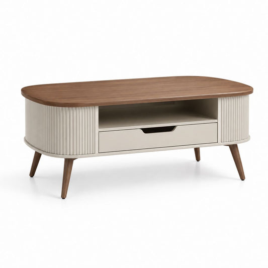 Tavolino da caffè ovale beige e noce in MDF 120 x 60 x 45 cm con cassetto e vano portaoggetti