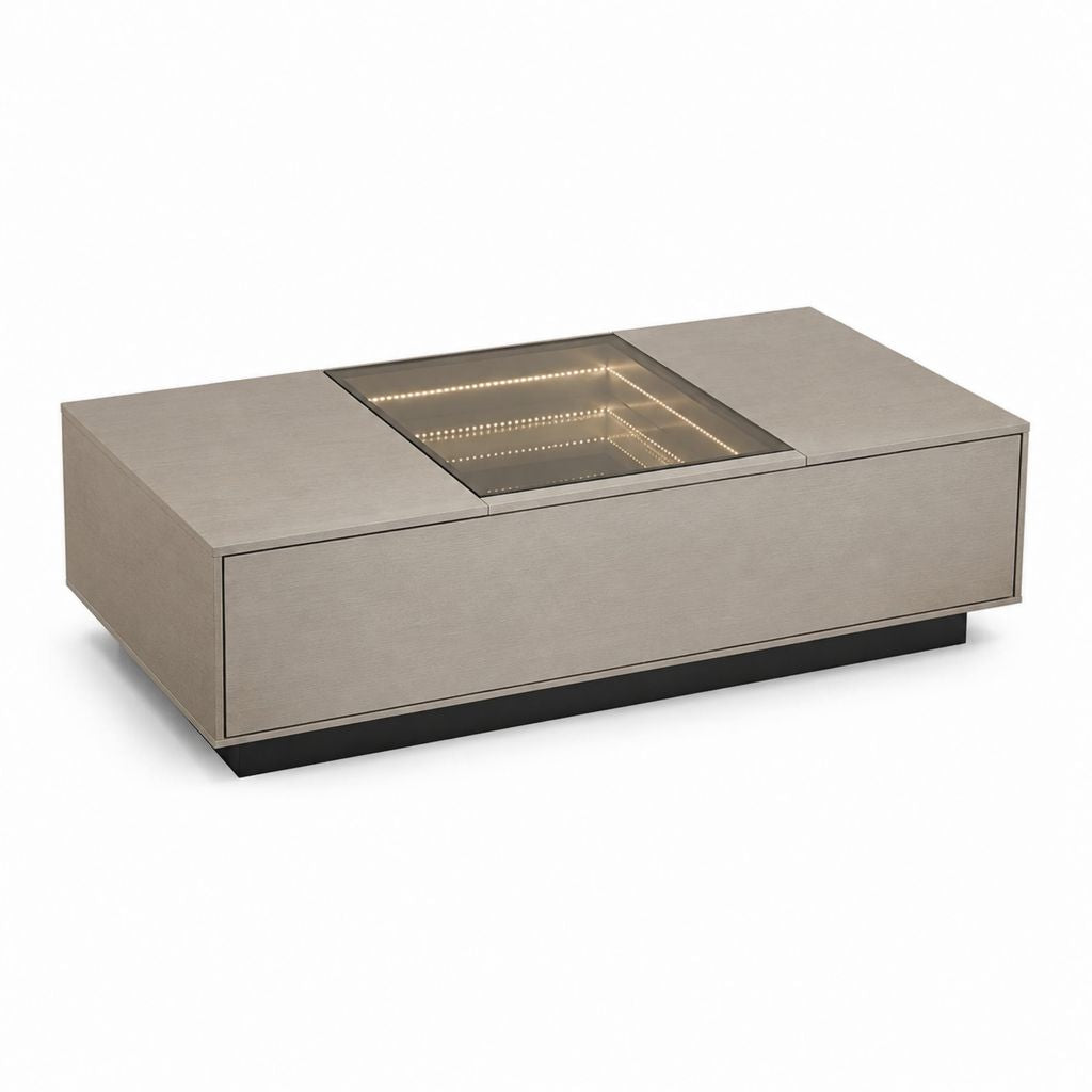 Tavolino da caffè rettangolare grigio tortora in MDF laminato con vetro e LED 120 x 60 x 35 cm