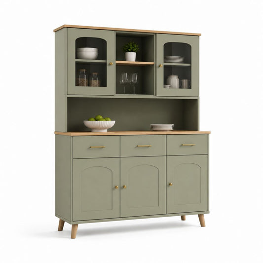 Credenza da cucina alta verde salvia in MDF con ante vetrate e cassetti 120 x 40 x 180 cm