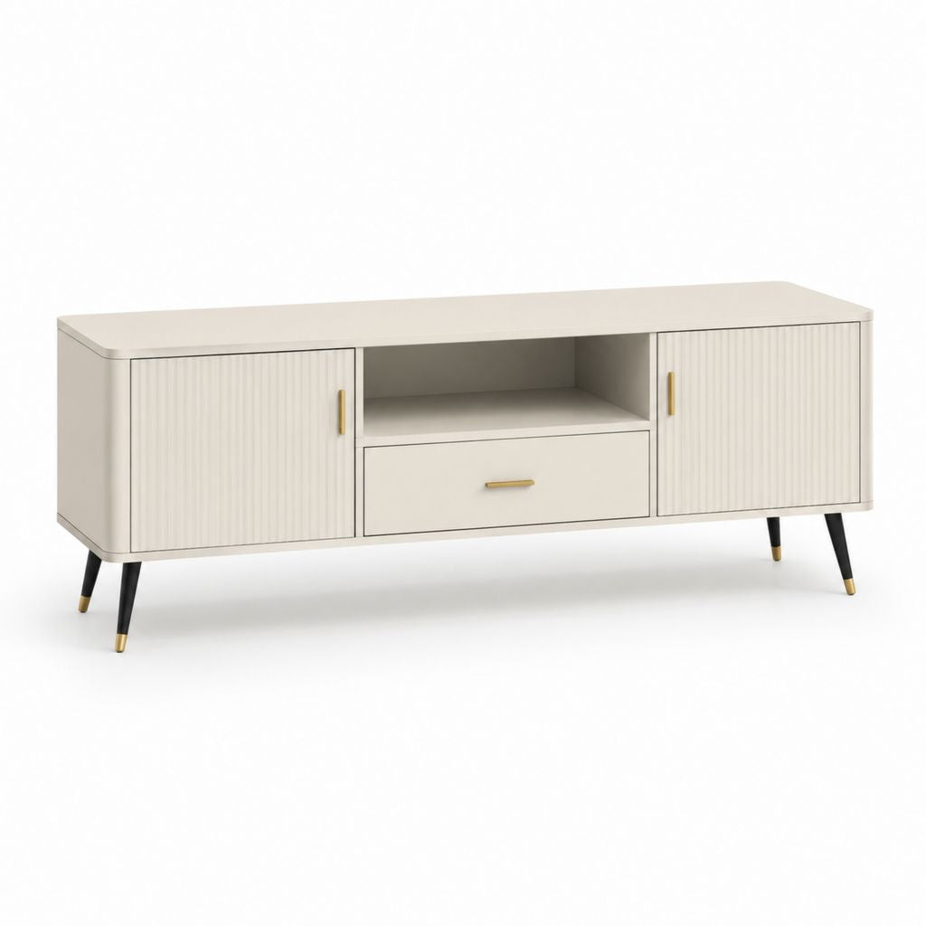 Mobile TV basso avorio in MDF con ante scanalate e vano aperto 160 x 40 x 55 cm