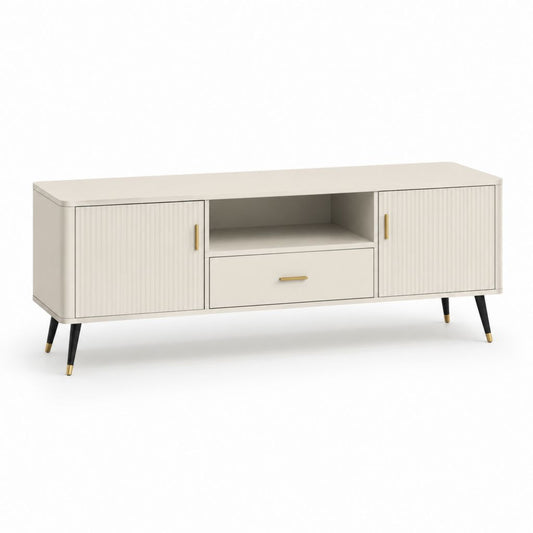 Mobile TV basso avorio in MDF con ante scanalate e vano aperto 160 x 40 x 55 cm