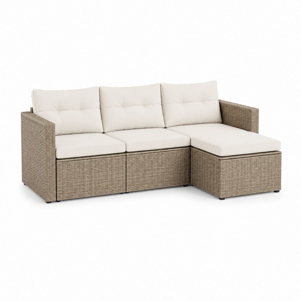 Divano da giardino angolare 3 posti beige in polyrattan con cuscini 210 x 140 x 85 cm