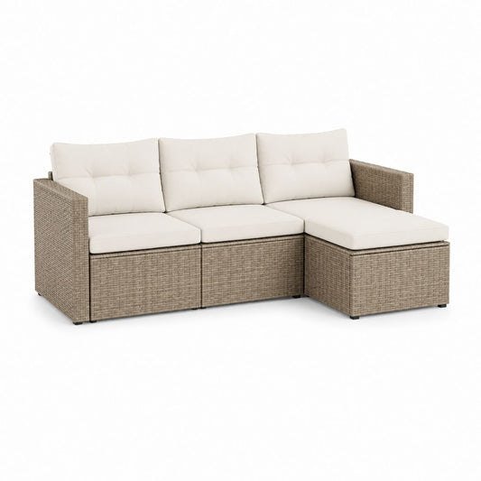 Divano da giardino angolare 3 posti beige in polyrattan con cuscini 210 x 140 x 85 cm