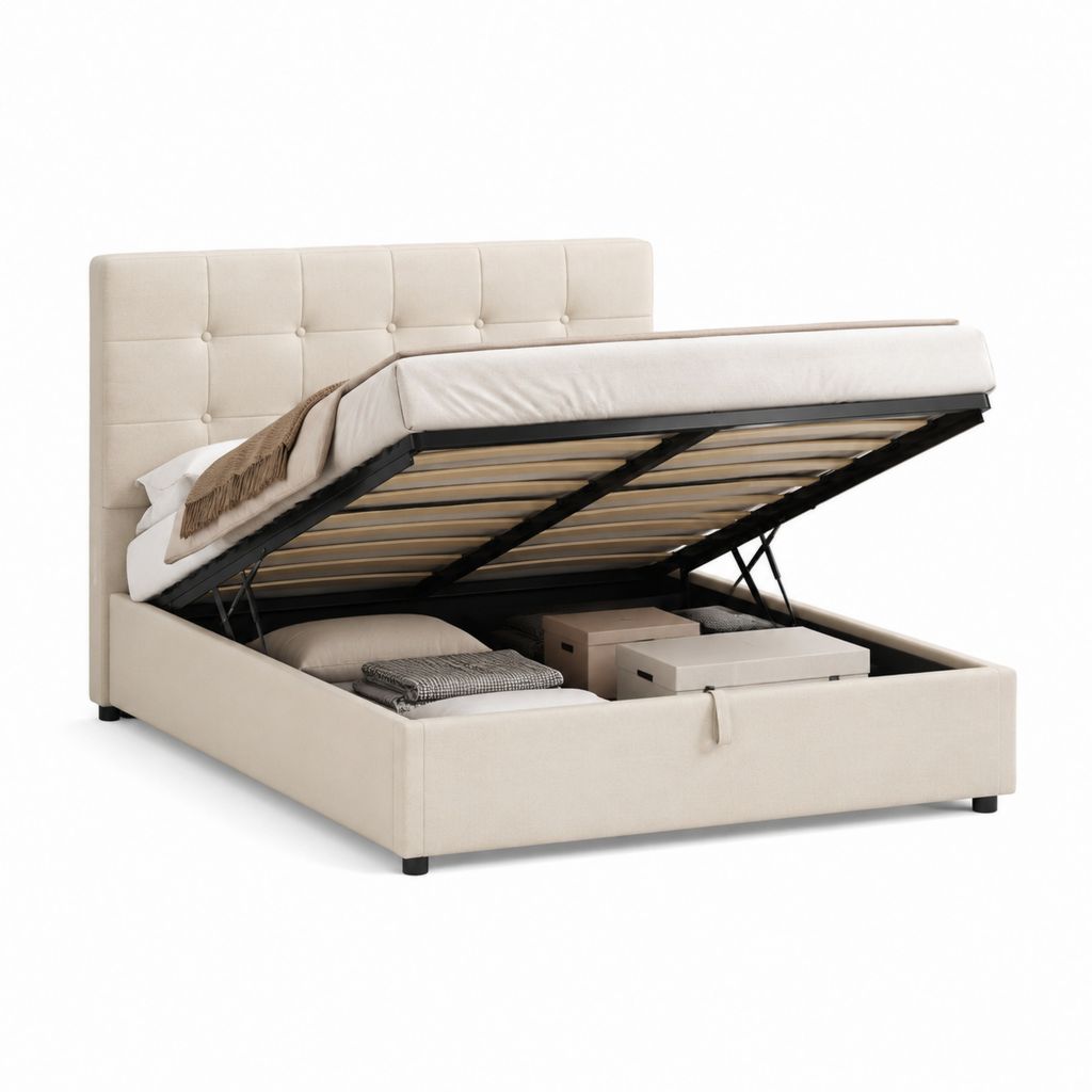 Letto contenitore matrimoniale beige in poliestere 160 x 200 cm con testiera imbottita e rete a doghe