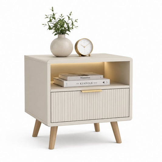 Comodino con cassetto e vano a giorno beige in MDF e legno massello 50 x 40 x 60 cm