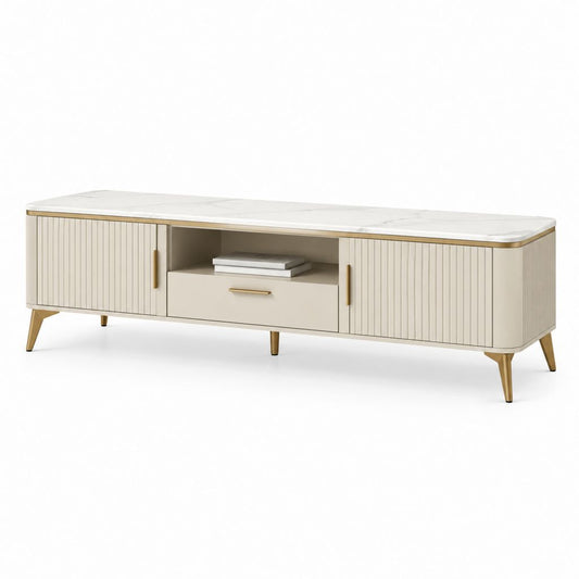 Mobile TV rettangolare avorio e oro in MDF e vetro temperato effetto marmo con 2 ante 180 x 40 x 55 cm